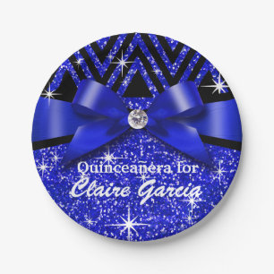 Glitter Chevron Bling Diamond Bow   sapphire Paper Plates