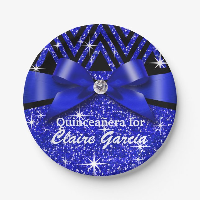 Glitter Chevron Bling Diamond Bow | sapphire Paper Plates (Front)