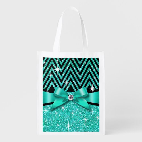 Glitter Chevron Bling Diamond Bow  teal Grocery Bag