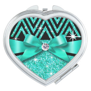 Glitter Chevron Bling Diamond Bow teal Makeup Mirror