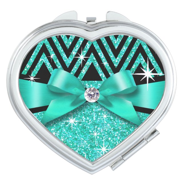 Glitter Chevron Bling Diamond Bow | teal Makeup Mirror (Front)