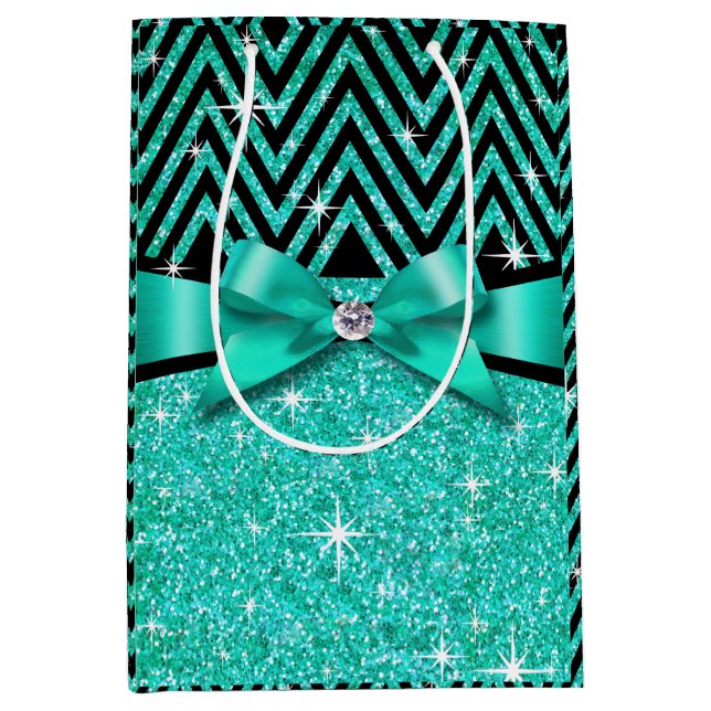 Glitter Chevron Bling Diamond Bow | teal Medium Gift Bag (Front)