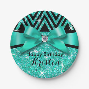 Glitter Chevron Bling Diamond Bow teal Paper Plates