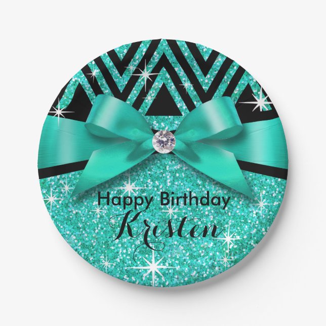 Glitter Chevron Bling Diamond Bow | teal Paper Plates (Front)