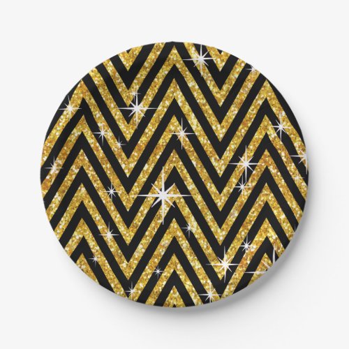 Glitter Chevron Bling Glam Party  gold Paper Plates