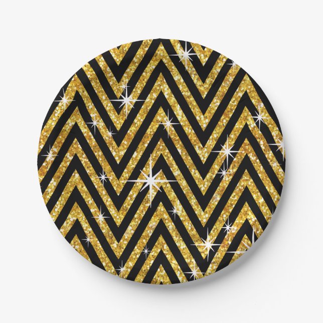 Glitter Chevron Bling Glam Party | gold Paper Plates (Front)