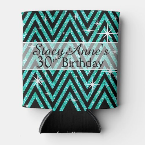 Glitter Chevron Bling  teal Can Cooler