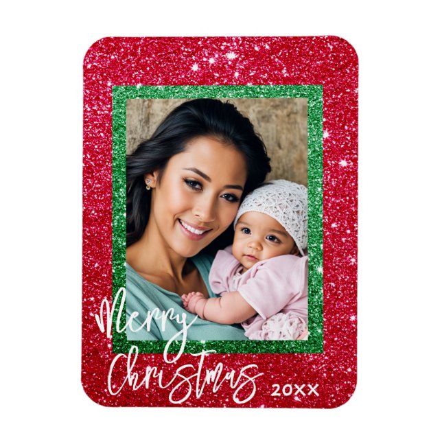 Glitter Christmas Card - Personalized Photo Frame Magnet (Vertical)