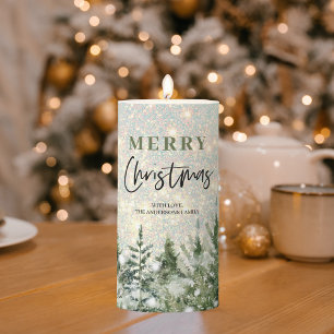 Glitter Christmas Green Tree Merry Christmas Pillar Candle