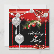Glitter Christmas Holiday Party Red Silver White Invitation
