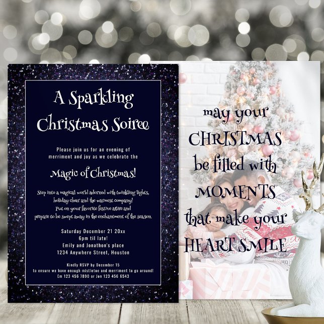 Glitter Christmas Quote Photo Overlay Navy Invitation (Front and back view)