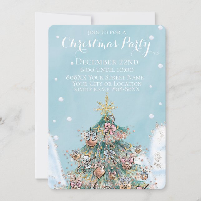 Glitter Christmas Tree in The Snow Holiday Party Invitation (Front)