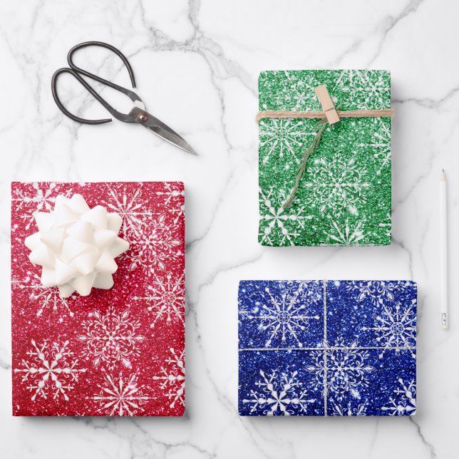 Glitter Christmas Watercolor Snowflake Pretty Wrapping Paper Sheets (Front)