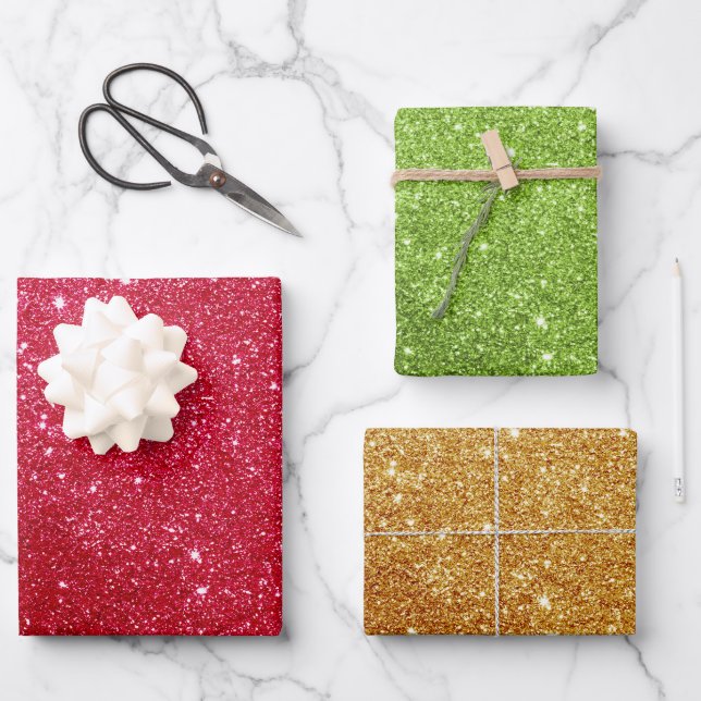 Glitter Christmas Wrapping Paper - Red Green Gold (Front)