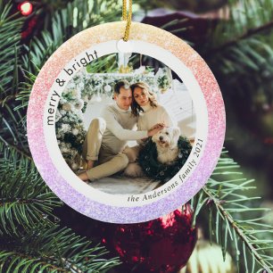 Glitter Colorful Family Photo   Merry And Bright Ceramic Ornament