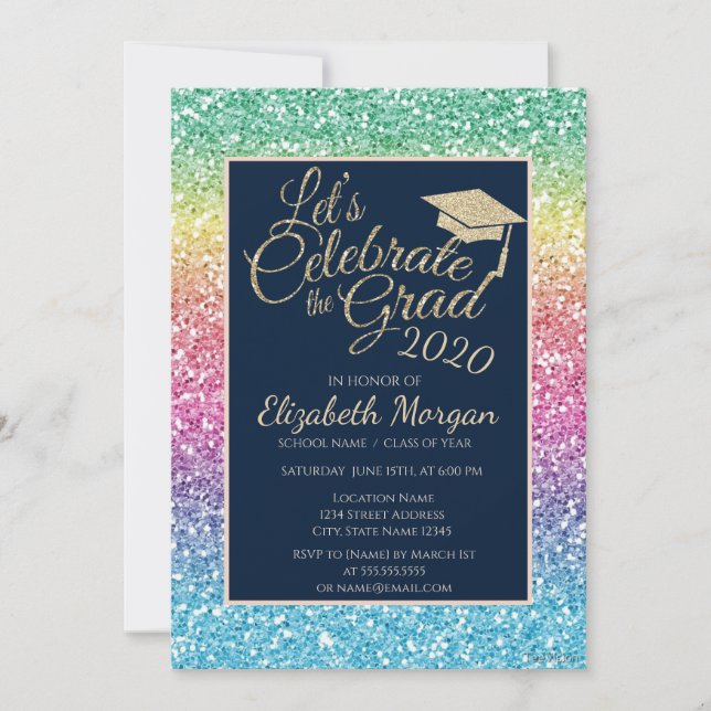 Glitter Colorful Graduation Cap Graduation Invitation (Front)