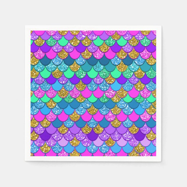 Glitter Colorful Mermaid Birthday Party Napkins (Front)