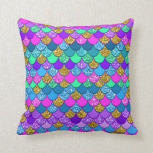 Glitter Colorful Multi-Colored Mermaid Scales Throw Pillow