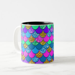 Glitter Colorful Multi-Colored Mermaid Scales Two-Tone Coffee Mug