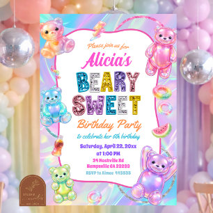 Glitter Colorful Rainbow Beary Sweet Birthday Invitation