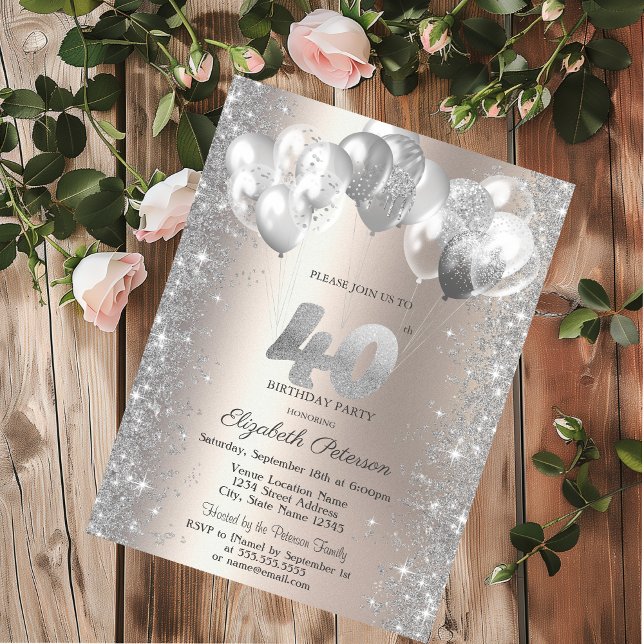  Glitter Confetti Balloons Champagne 40th Birthday Invitation (Creator Uploaded)