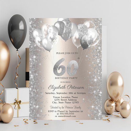  Glitter Confetti Balloons Champagne 60th Birthday Invitation