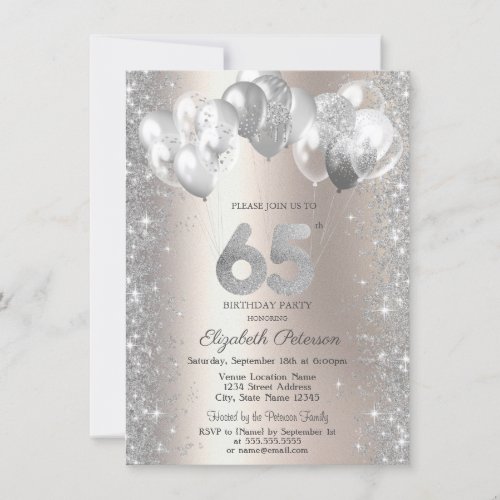  Glitter Confetti Balloons Champagne 65th Birthday Invitation