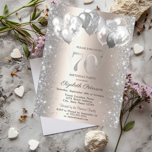 Glitter Confetti Balloons Champagne 70th Birthday Invitation