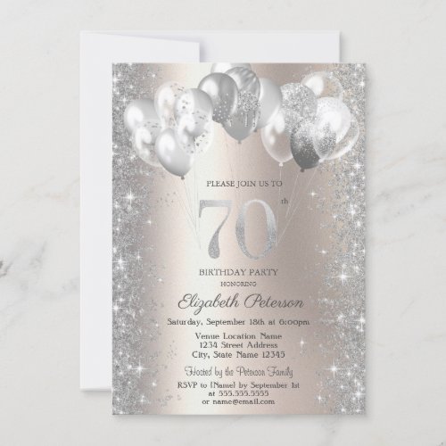 Glitter Confetti Balloons Champagne 70th Birthday Invitation
