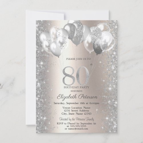 Glitter Confetti Balloons Champagne 80th Birthday Invitation
