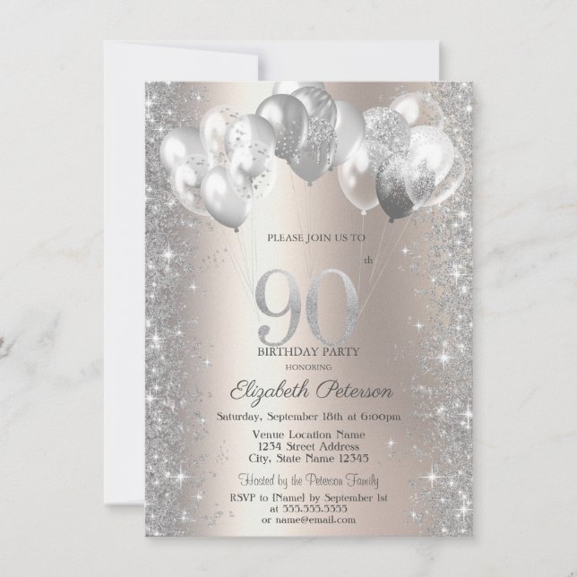 Glitter Confetti Balloons Champagne 90th Birthday Invitation (Front)