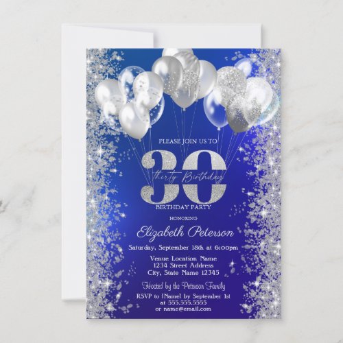 Glitter Confetti Balloons Navy Blue 30th Birthday Invitation