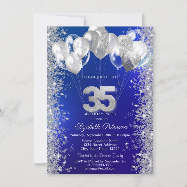 Glitter Confetti Balloons Navy Blue 35th Birthday  Invitation (Front)