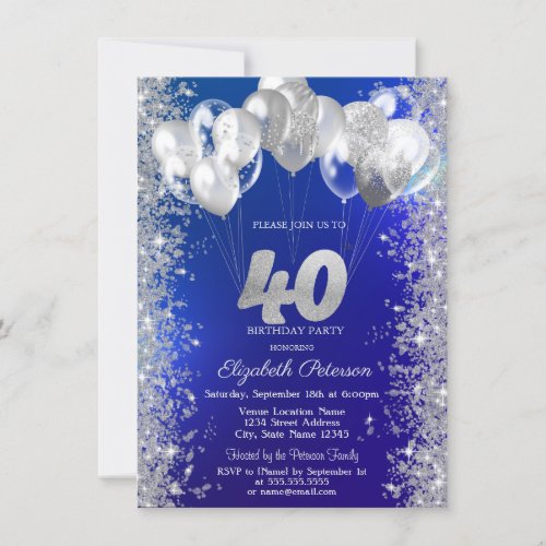  Glitter Confetti Balloons Navy Blue 40th Birthday Invitation