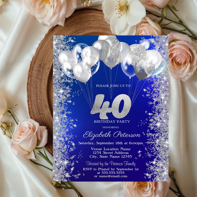  Glitter Confetti Balloons Navy Blue 40th Birthday Invitation (Creator Uploaded)