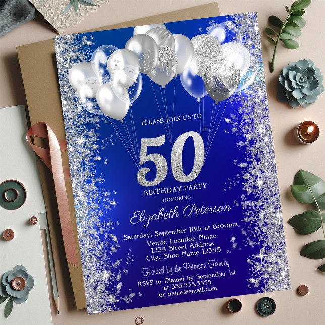  Glitter Confetti Balloons Navy Blue 50th Birthday Invitation (Creator Uploaded)