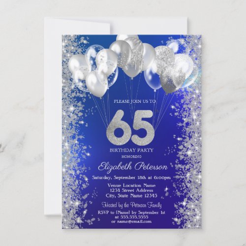  Glitter Confetti Balloons Navy Blue 65th Birthday Invitation
