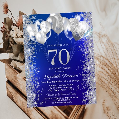 Glitter Confetti Balloons Navy Blue 70th Birthday Invitation