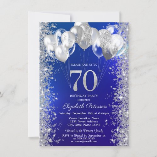Glitter Confetti Balloons Navy Blue 70th Birthday Invitation