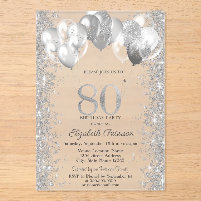 Glitter Confetti Balloons Navy Blue 80th Birthday Acrylic Invitations (Front)