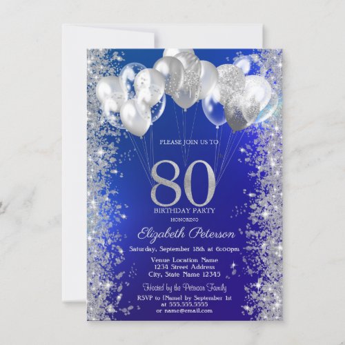 Glitter Confetti Balloons Navy Blue 80th Birthday Invitation