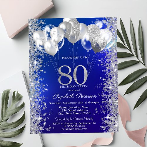 Glitter Confetti Balloons Navy Blue 80th Birthday Invitation