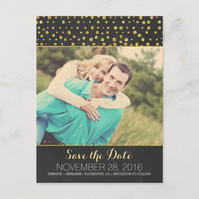 glitter confetti chalkboard photo save the date announcement postcard (Front)