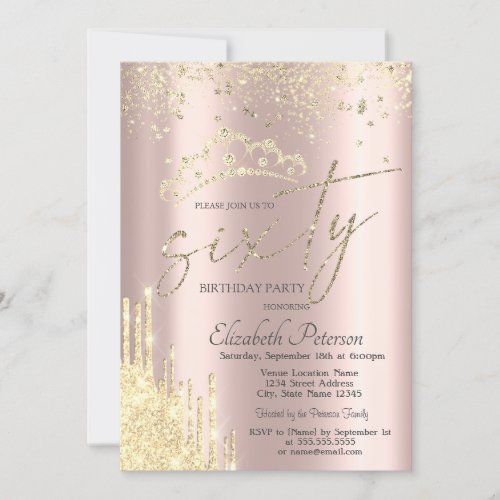 Glitter Confetti Crown Rose Gold 60th Birthday  Invitation