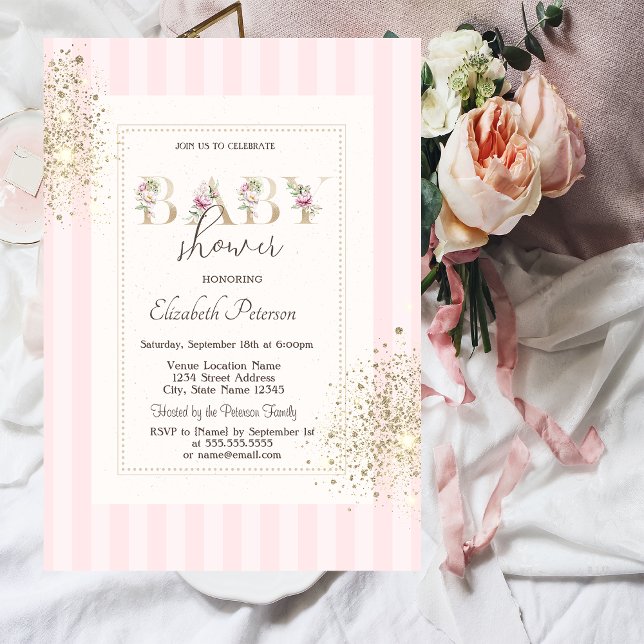 Glitter Confetti Dust Pink Striped Baby Shower Invitation (Creator Uploaded)