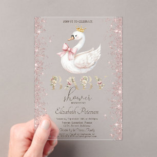 Glitter Confetti Floral Swan Bow Baby Shower Acrylic Invitations