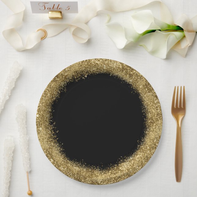 Glitter Confetti | Gold and Black Circle Paper Plates (Wedding)