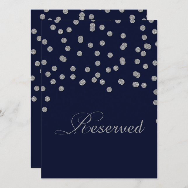 Glitter confetti navy silver reserved table sign invitation (Front/Back)
