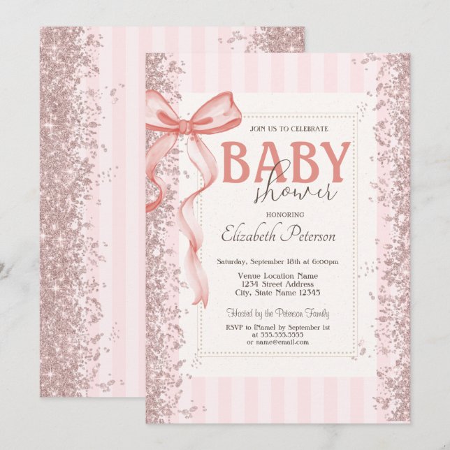 Glitter Confetti Pink Bow Striped Baby Shower Invitation (Front/Back)