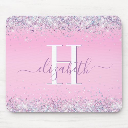 Glitter Confetti Pink Monogram Mouse Pad